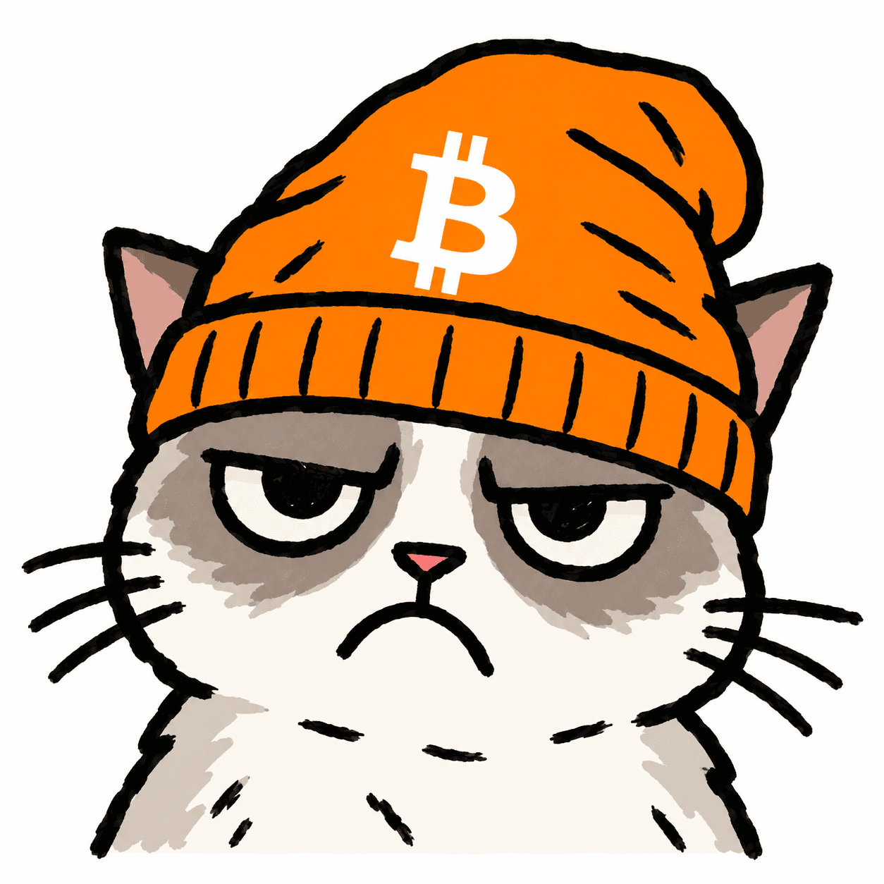 Grumpy MtGoxCat wearing an orange Bitcoin beanie
